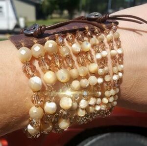Vtg Y2K Chan luu cream peach sparkly faceted beaded leather wrap bracelet NWOT